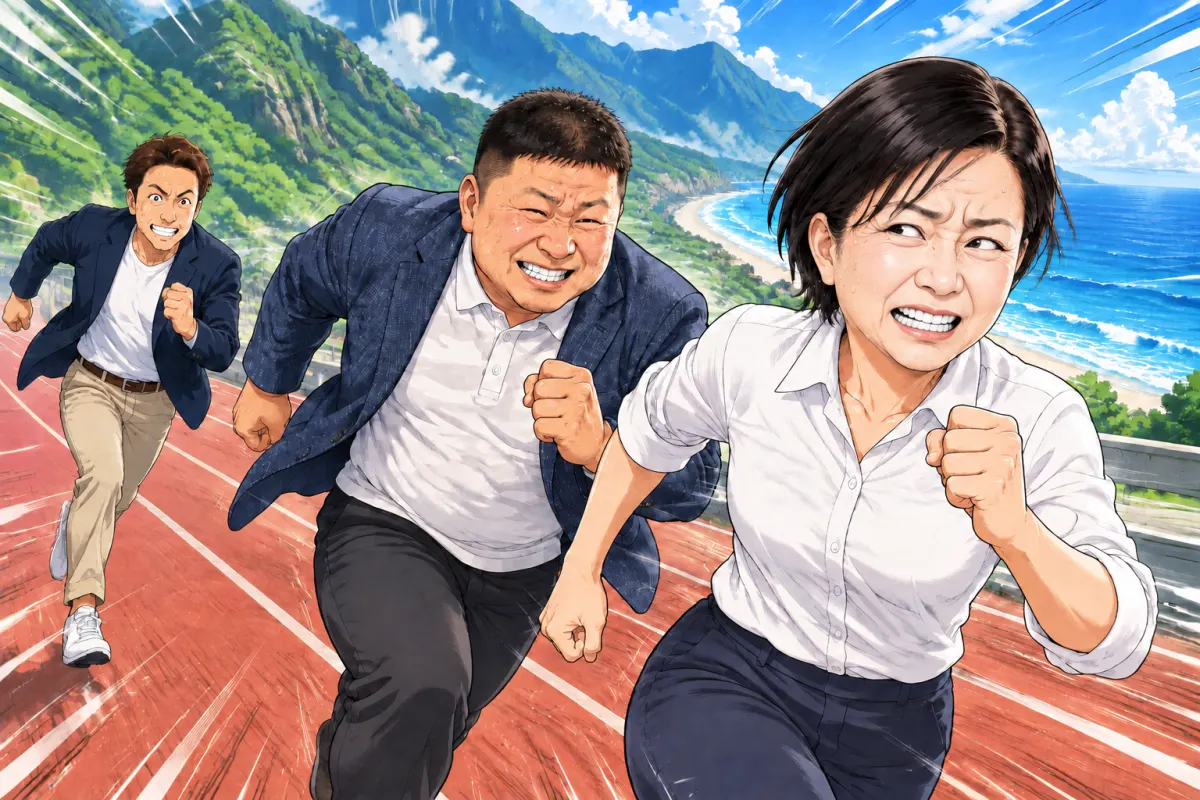 漫畫插圖:游淑貞在前領跑,張峻緊追在後、幾乎追上,魏嘉賢在更後方追趕,背景是花蓮的山與海
