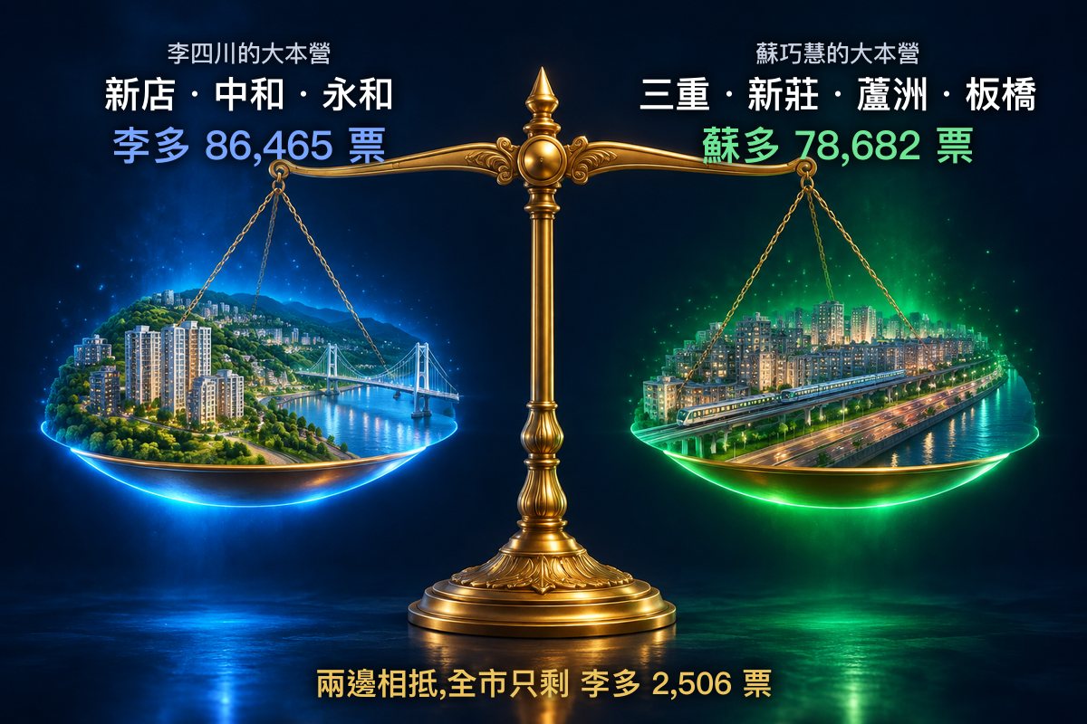 天平左邊是李四川的大本營新店、中和、永和,李多 86,465 票;右邊是蘇巧慧的大本營三重、新莊、蘆洲、板橋,蘇多 78,682 票;兩邊相抵,全市只剩李多 2,506 票